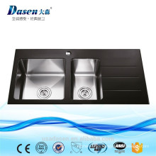CE approved Black tempered glass double kitchen sink quartz sink with drainboard